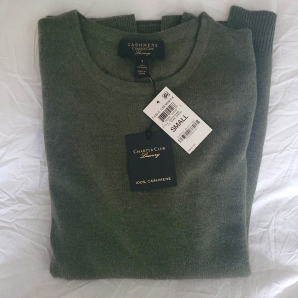 NWT Charter Club 100% Cashmere Crewneck Sweater, Olive, S